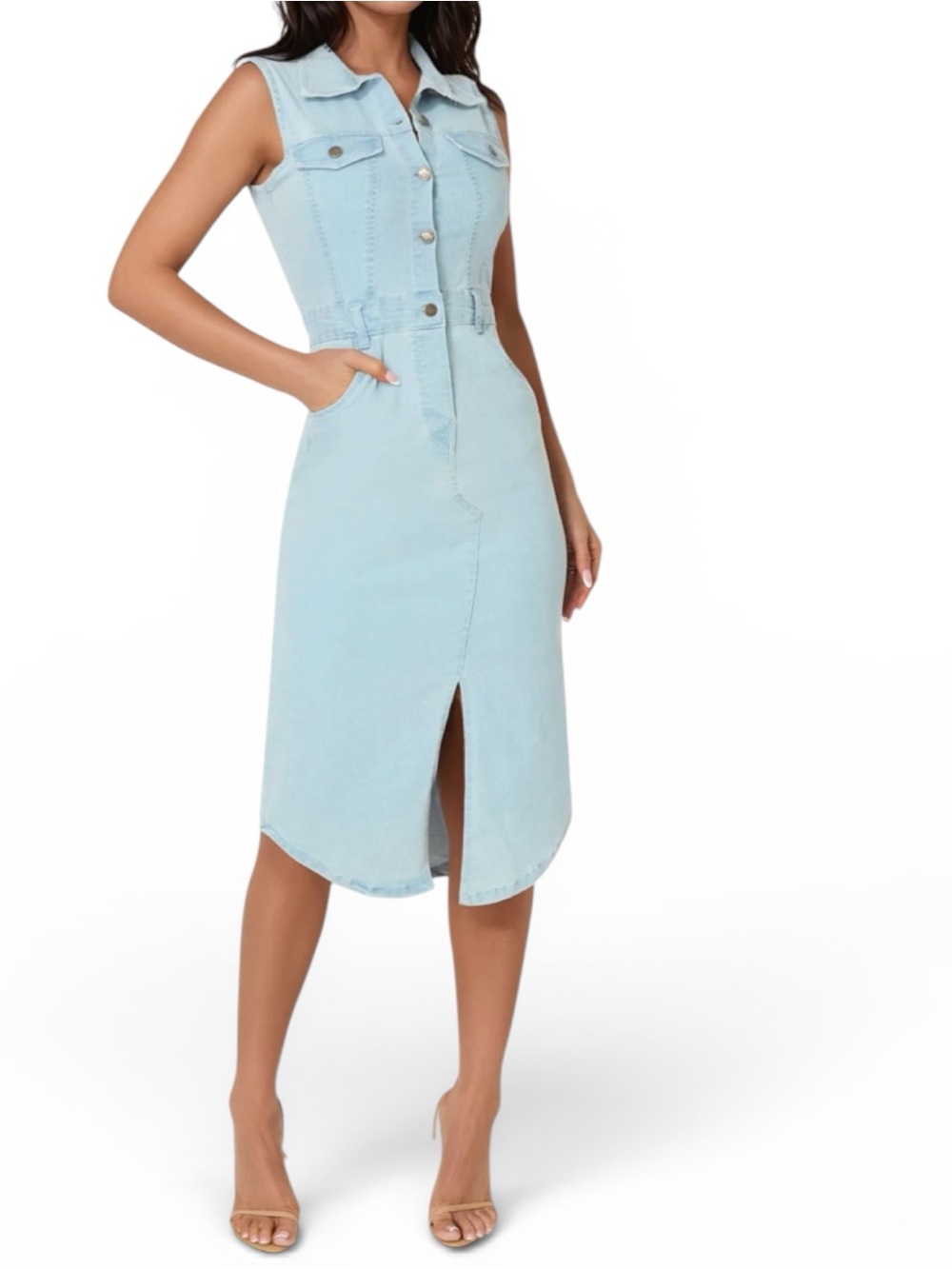 bebe Sleeveless Light Denim Midi Shirt Dress w/ Front Slit & Botton Down -Size S - Picture 9 of 12